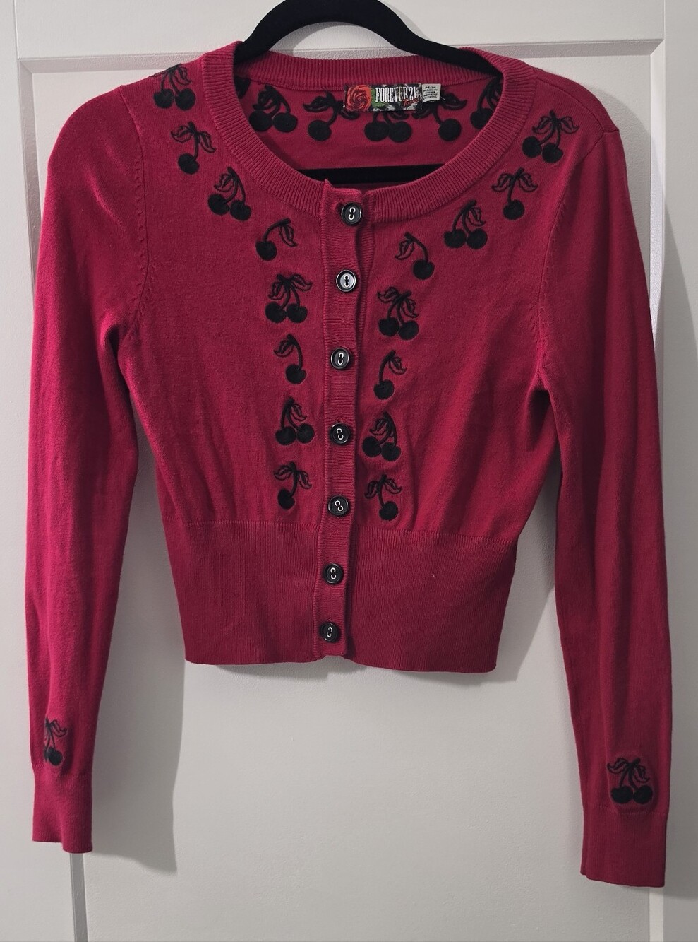 Red Cherry-Print Cropped Cardigan